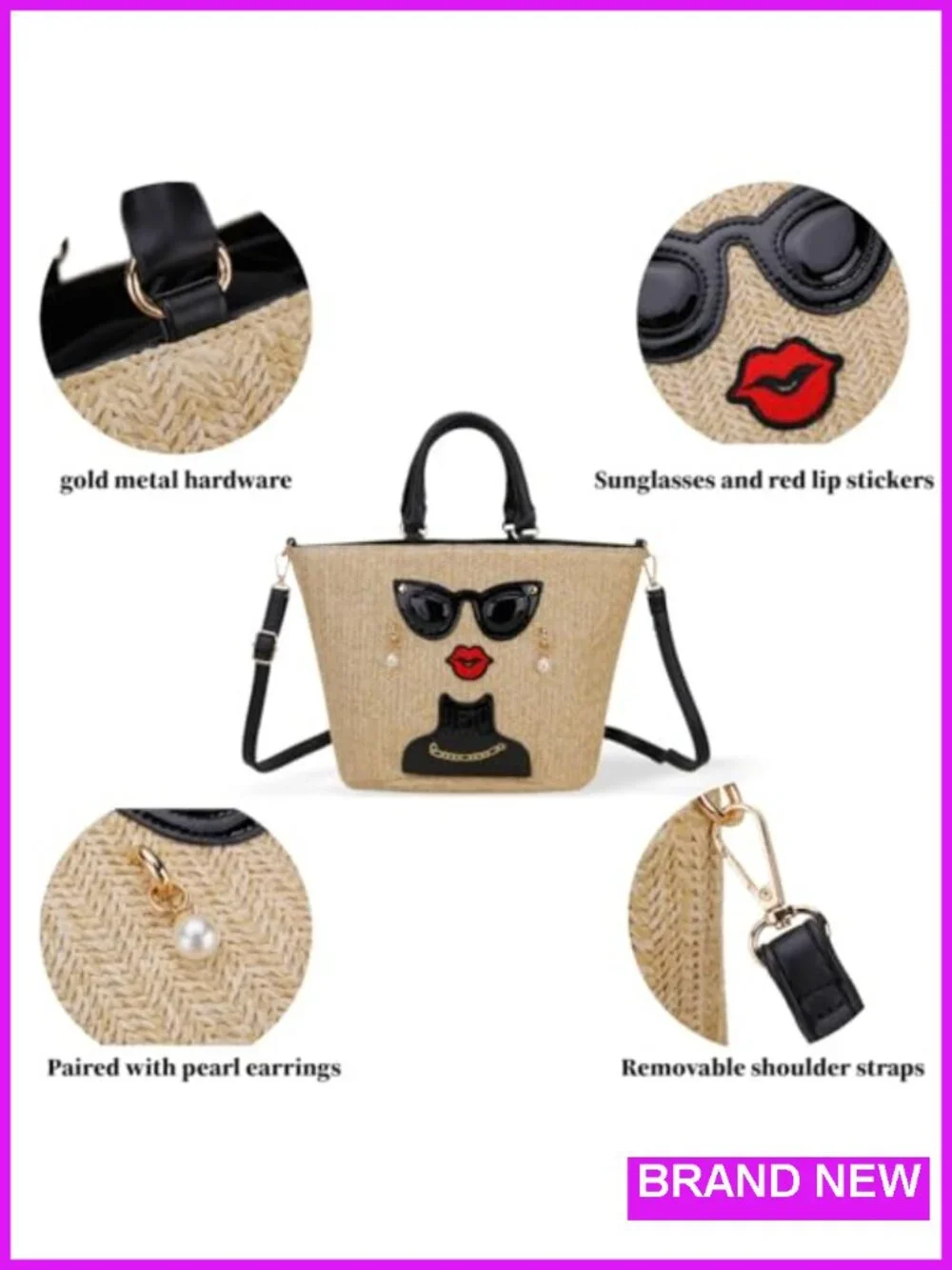 Funky Lady Face Straw Tote Bag Top Handle Satchel Shoulder Bag Purse